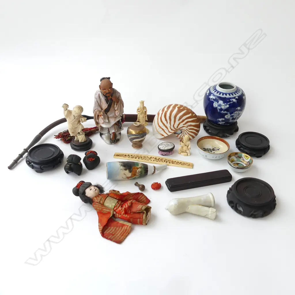 ASST. ORIENTAL ITEMS; PIPE, VASES, FIGURES, NAUTILUS SHELL ETC Image 1++