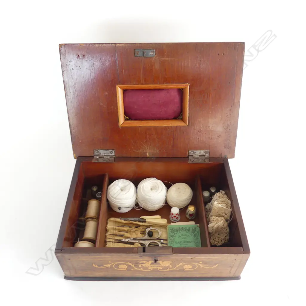 ANTIQUE SEWING BOX W.300mm & CONTENTS  Image 1++
