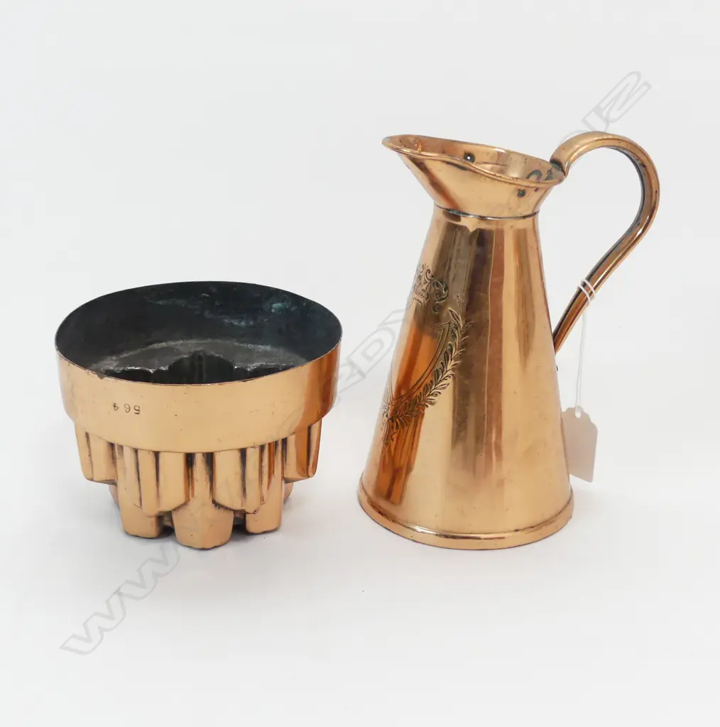 ANTIQUE COPPER JUG H.175mm & JELLY MOULD 125mm dia Image 1++