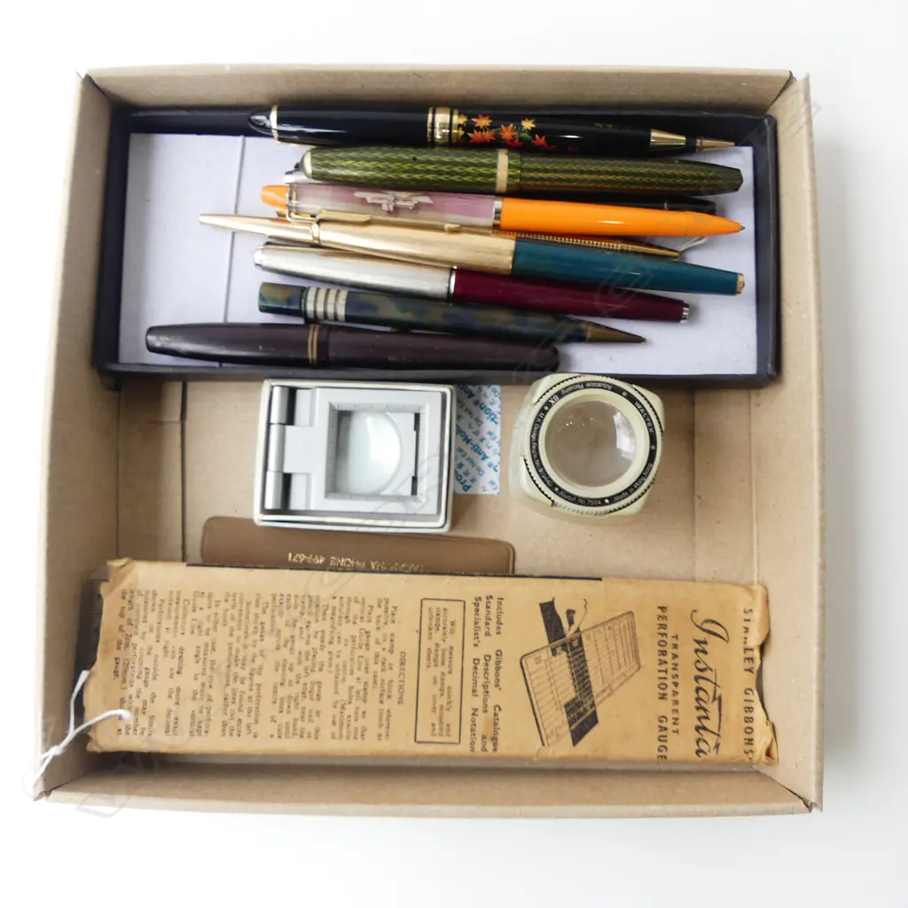 FOUNTAIN & BALL POINT PENS, 2 STAMP MAGNIFIERS & GAUGE Image 1++