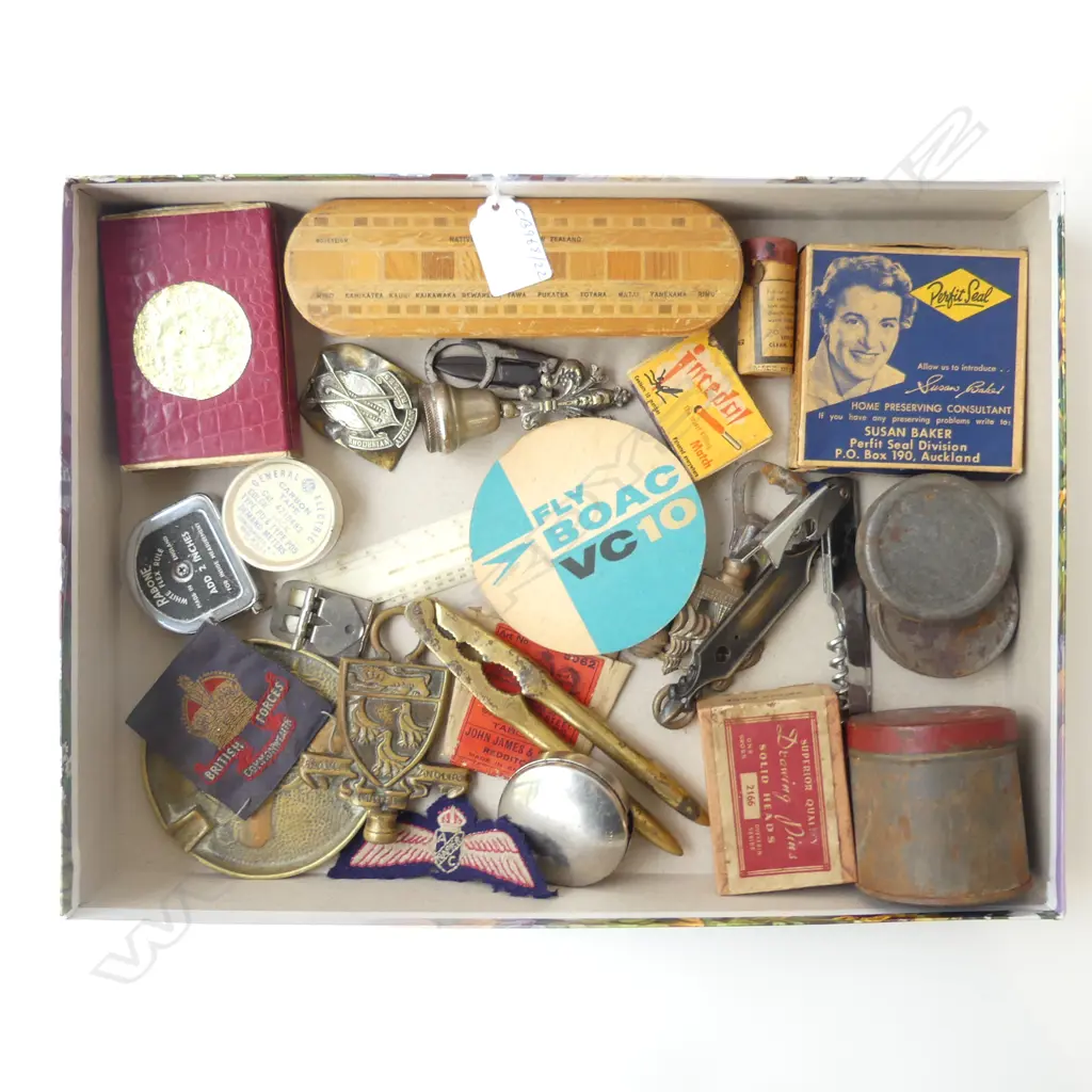 TRAY OF ASSTD. COLLECTIBLES - CARDS, BRUSH, NUTCRACKER, ASHTRAY, BRITISH FORCES ETC Image 1++