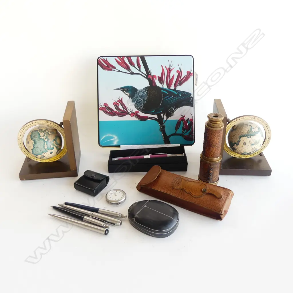 BRASS & LEATHER 1920 DOLLAND LON. EXPANDING TELESCOPE, PR GLOBE BOOKENDS, STONE SCARAB, PARKER PENS & TRAVEL ALARM CLOCK Image 1++