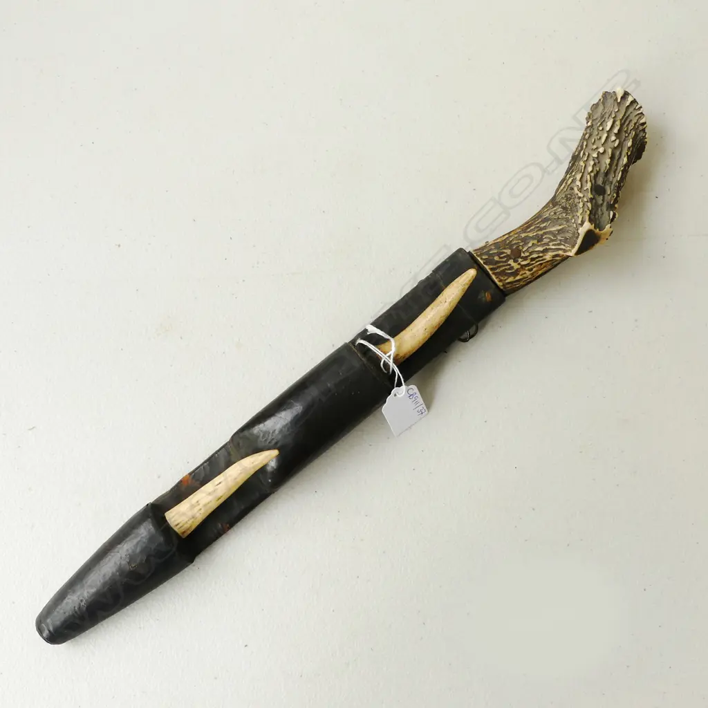 KNIFE w. ANTLER HANDLE IN LEATHER SCABBARD L.460mm Image 1++