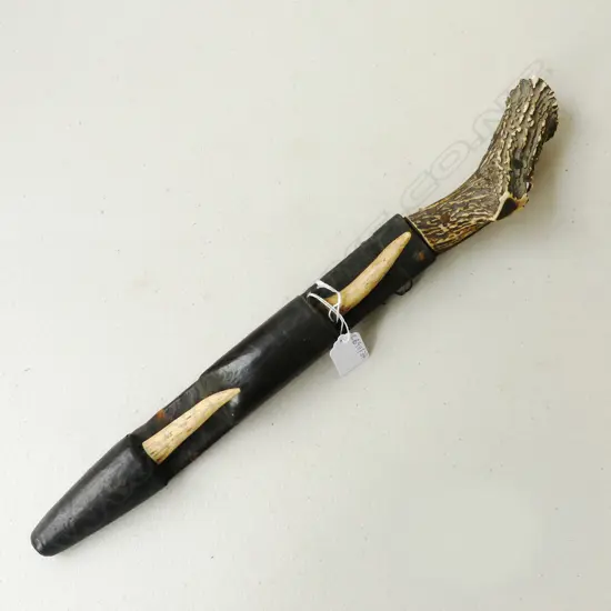 KNIFE w. ANTLER HANDLE IN LEATHER SCABBARD L.460mm