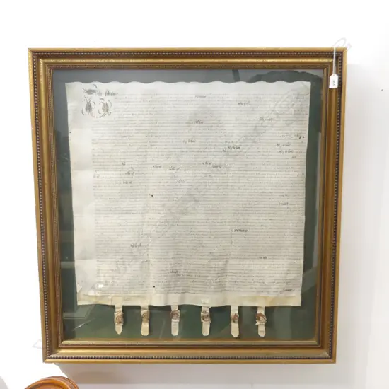 LARGE FRAMED VELLUM ENGLISH MARRAGE DEED  17thC 830 x 890mm
