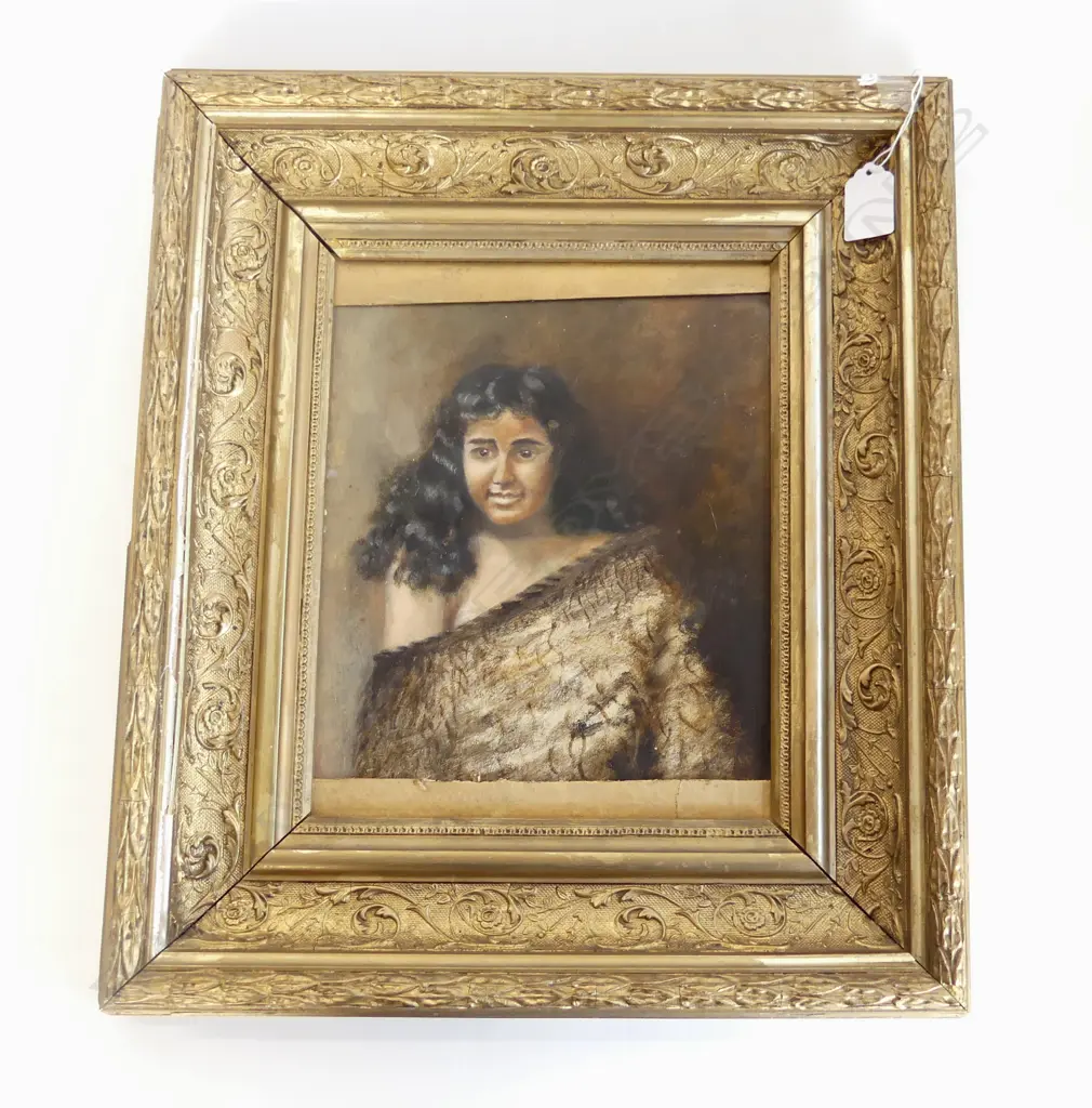 EARLY OIL ON BOARD OF YOUNG WAHINE WEARING TAG KOROWAI, POSSIBLY SIGNED, 250 x 210mm Image 1++