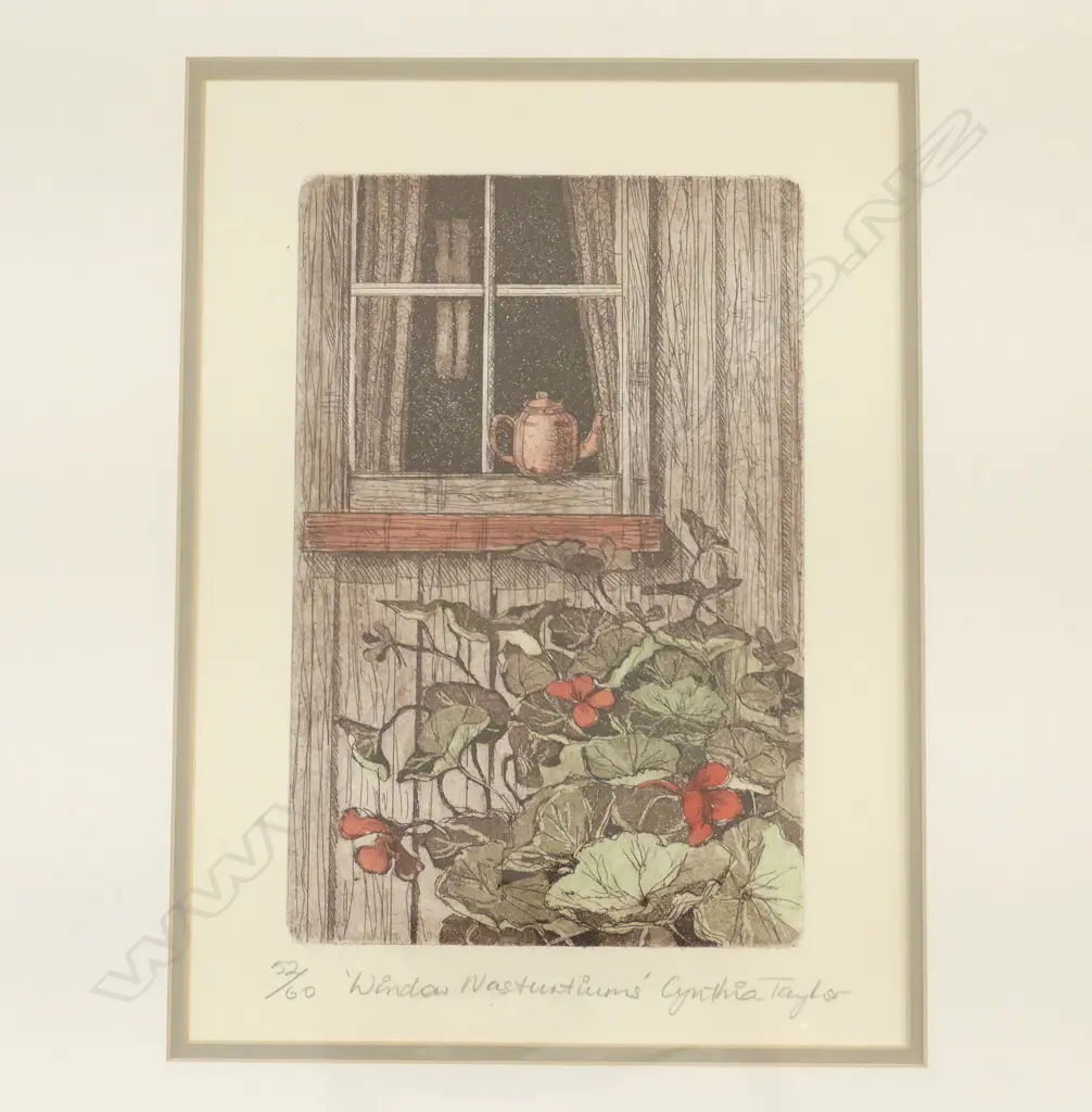 2 CYNTHIA TAYLOR ETCHINGS; 'WINDOW GERANIUMS' 46/60 & 'WINDOW NASTURTIUMS' 52/60 310x230mm  Image 1++