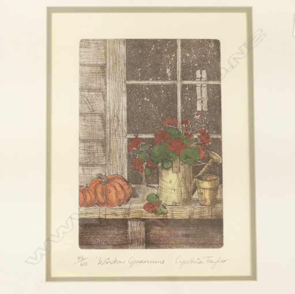 2 CYNTHIA TAYLOR ETCHINGS; 'WINDOW GERANIUMS' 46/60 & 'WINDOW NASTURTIUMS' 52/60 310x230mm  Image 1++