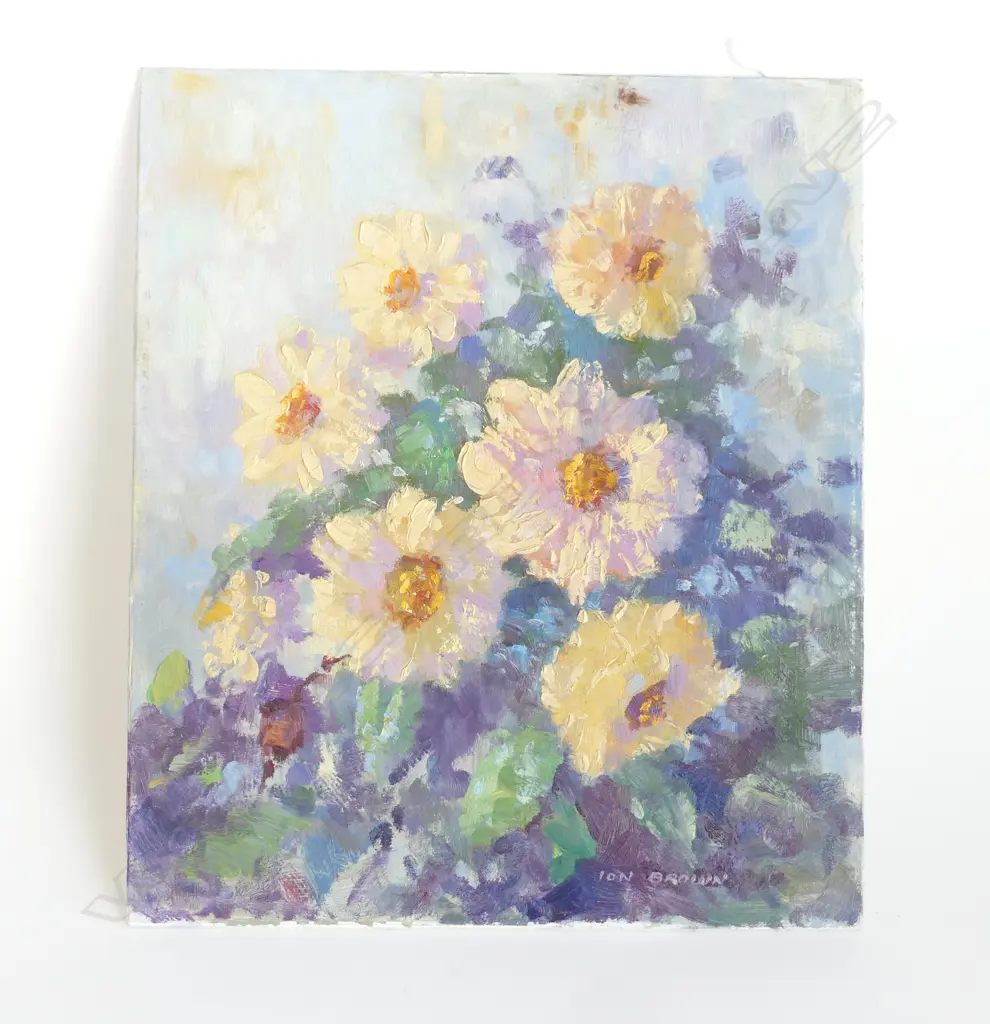 ION BROWN 'DAHLIAS' OIL ON BOARD, SIGNED & ENTITILED, 360 x 310mm Image 1++