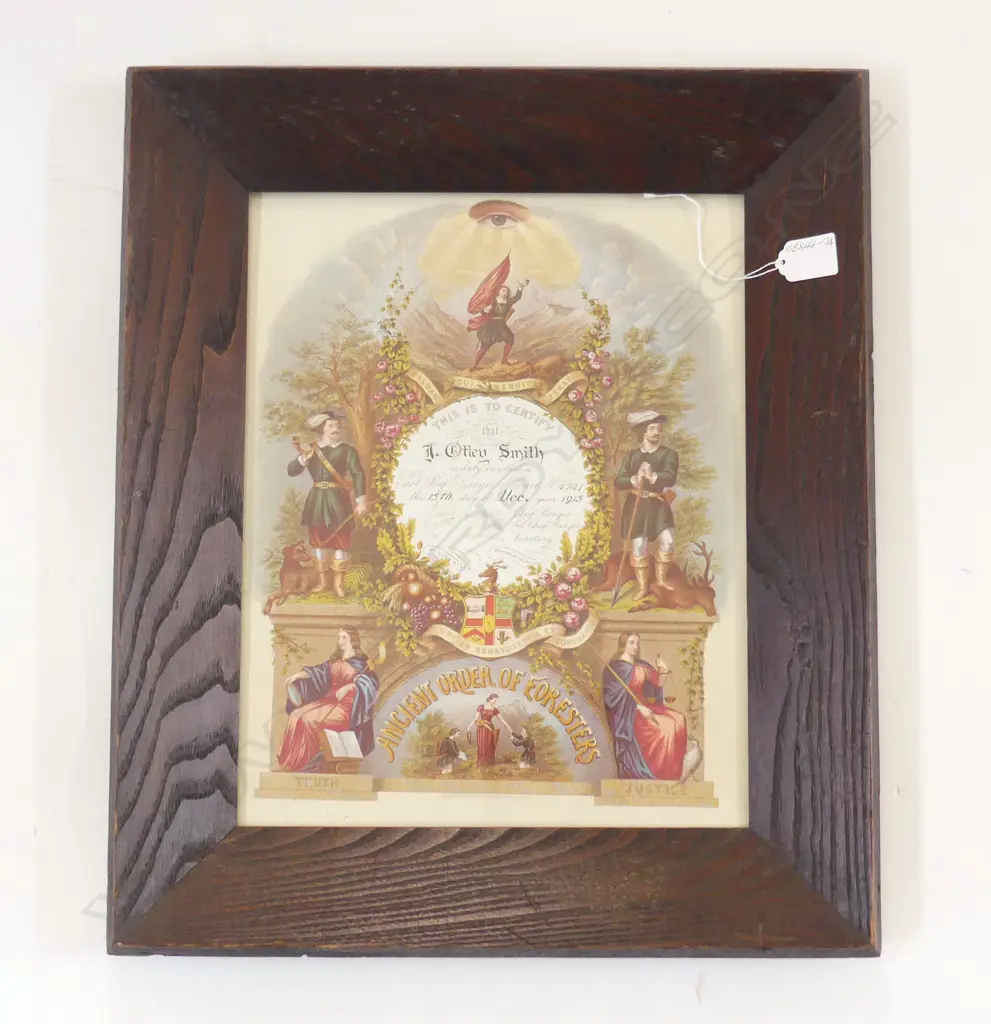 FRAMED CERTIFICATE 'ANCIENT ORDER of FORESTERS' DEC 1915 Image 1++