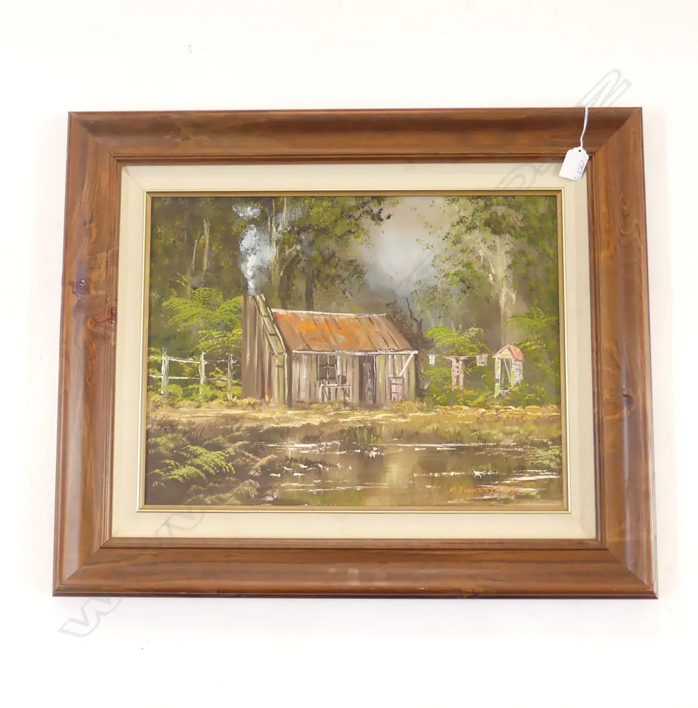 (25558) MICHAEL FINNERTY OIL EARLY COLONIAL BUSH COTTAGE 330 x 445mm Artist's bio verso Image 1++