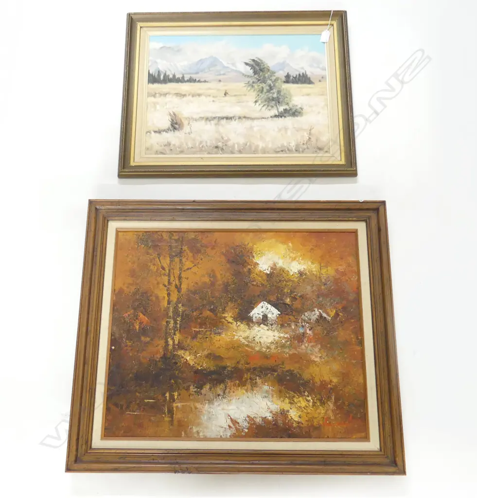 COTTAGE ABSTRACT, OIL ON BOARD SIGNED HANSON, 500 x 600mm & R.P.HULL 'MCKENZIE COUNTRY, 370 x 500mm Image 1++