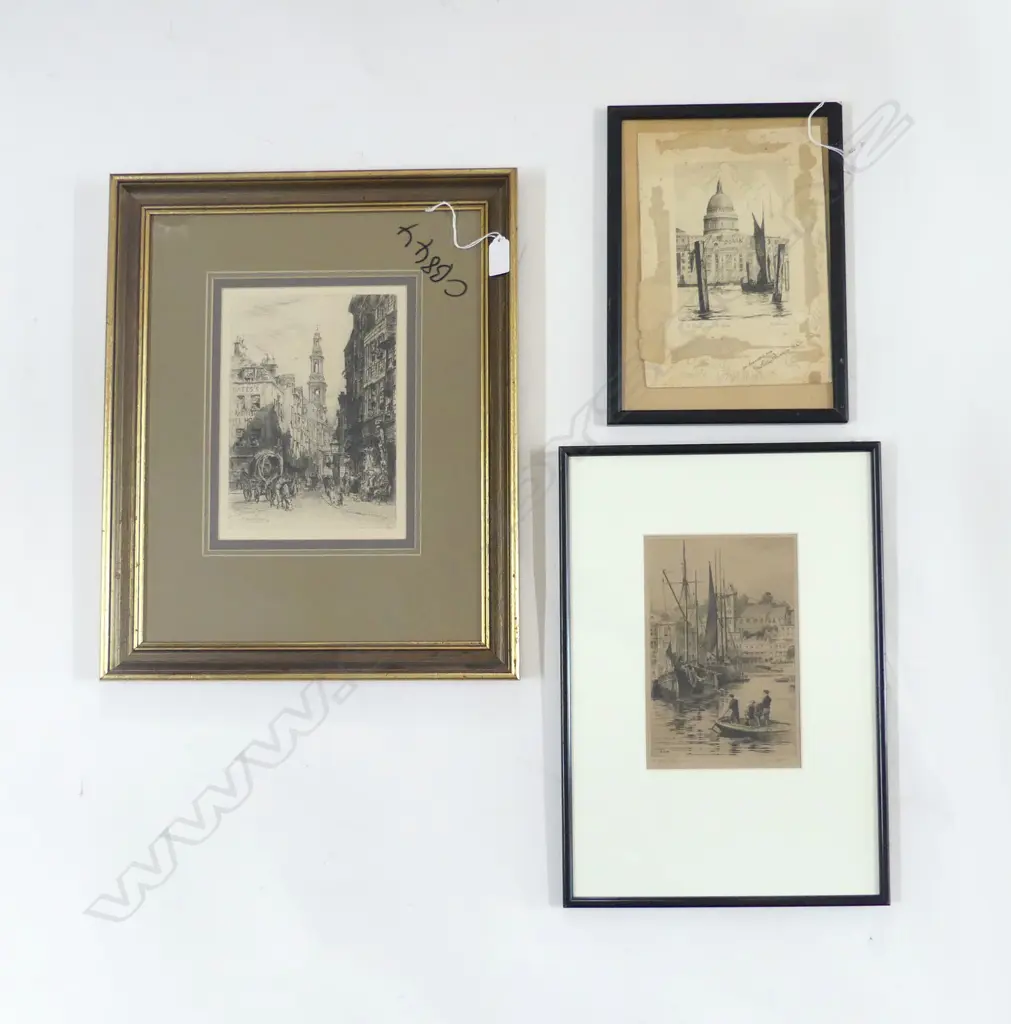 3 ENGLISH ETCHINGS; 'THE STRAND LONDON', 'ST PAULS FROM THE RIVER' & 'TORQUAY HARBOUR', H.250x180/160 x 120/200 x 140mm Image 1++