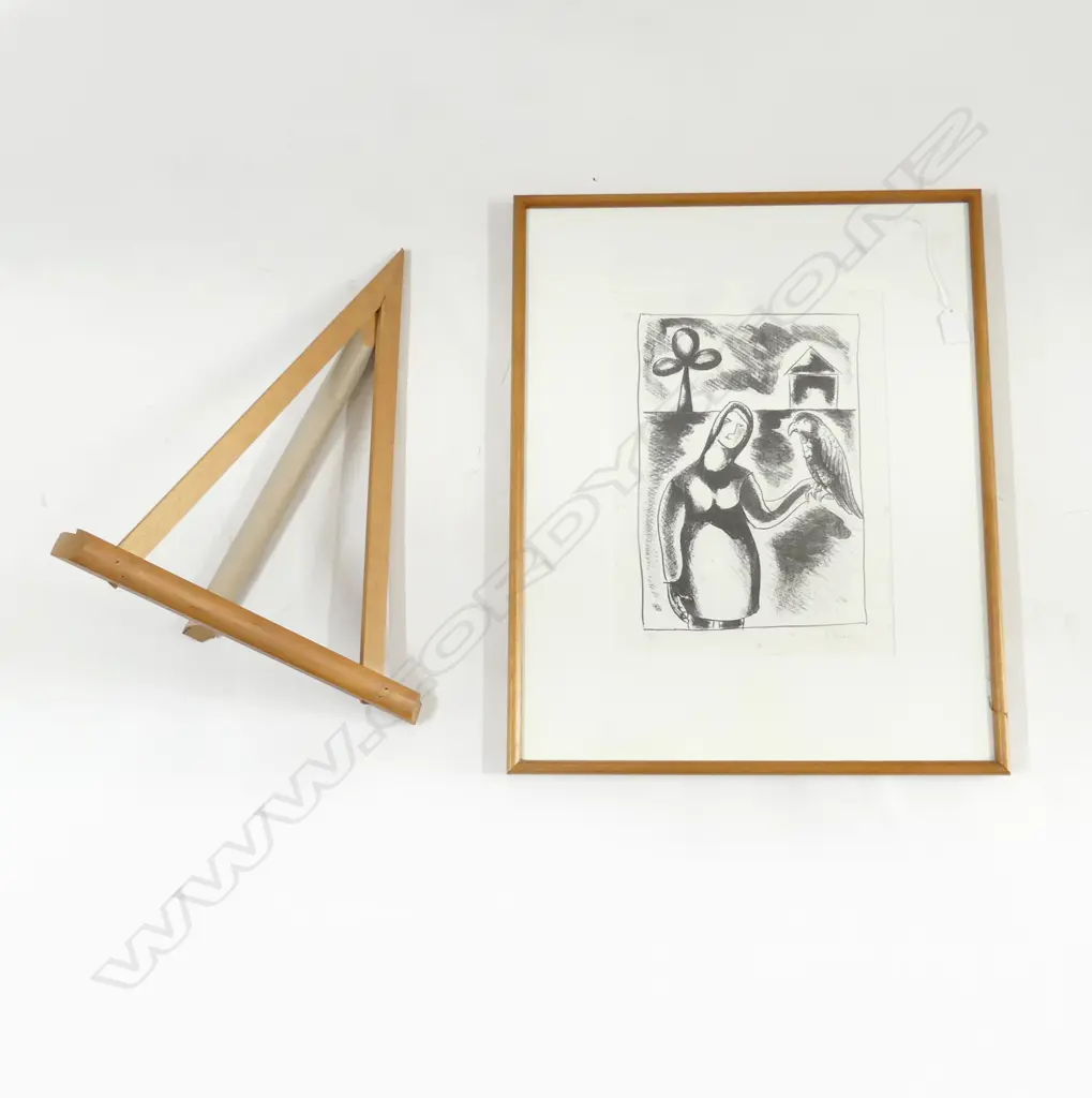 AGNES WOOD PRINT, UNTITLED, WOMAN & BIRD, 12/15 355x260mm slight foxing + wooden stand Image 1++