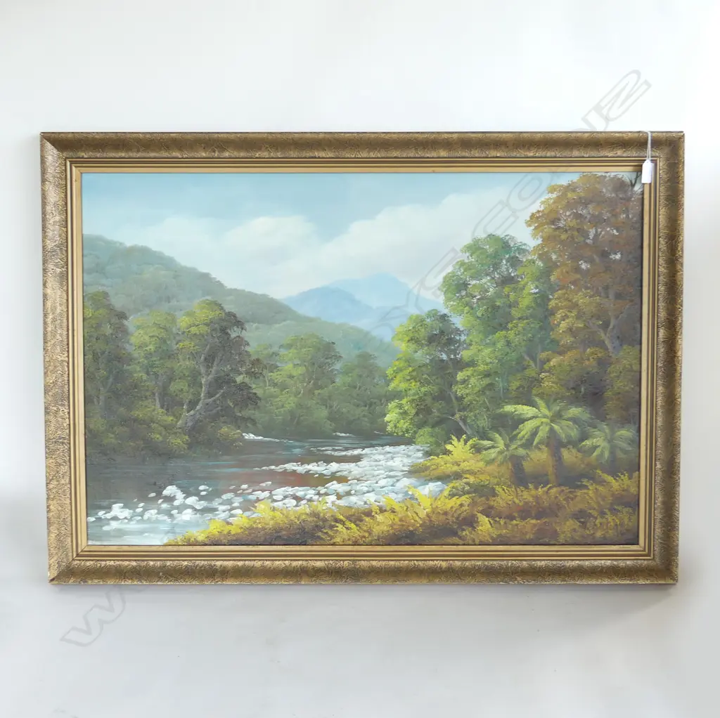 (24957) H. CHILTON 20thC OIL ON BOARD NZ RIVER BUSH & MOUNTAIN SCENE Image 1++