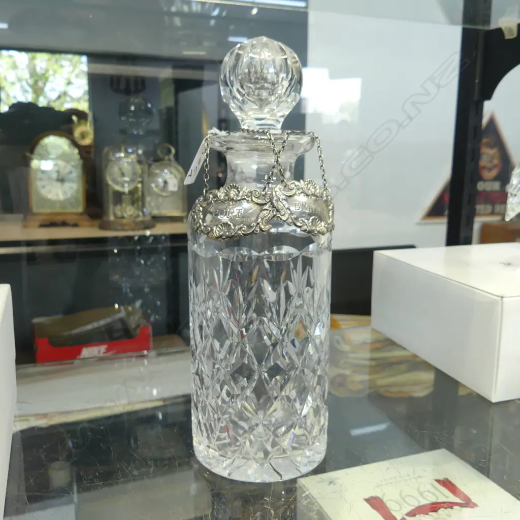CRYSTAL DECANTER (rim chip) w. 2 STG SILVER LABELS 'BRANDY' & 'PORT' H.250mm Image 1++