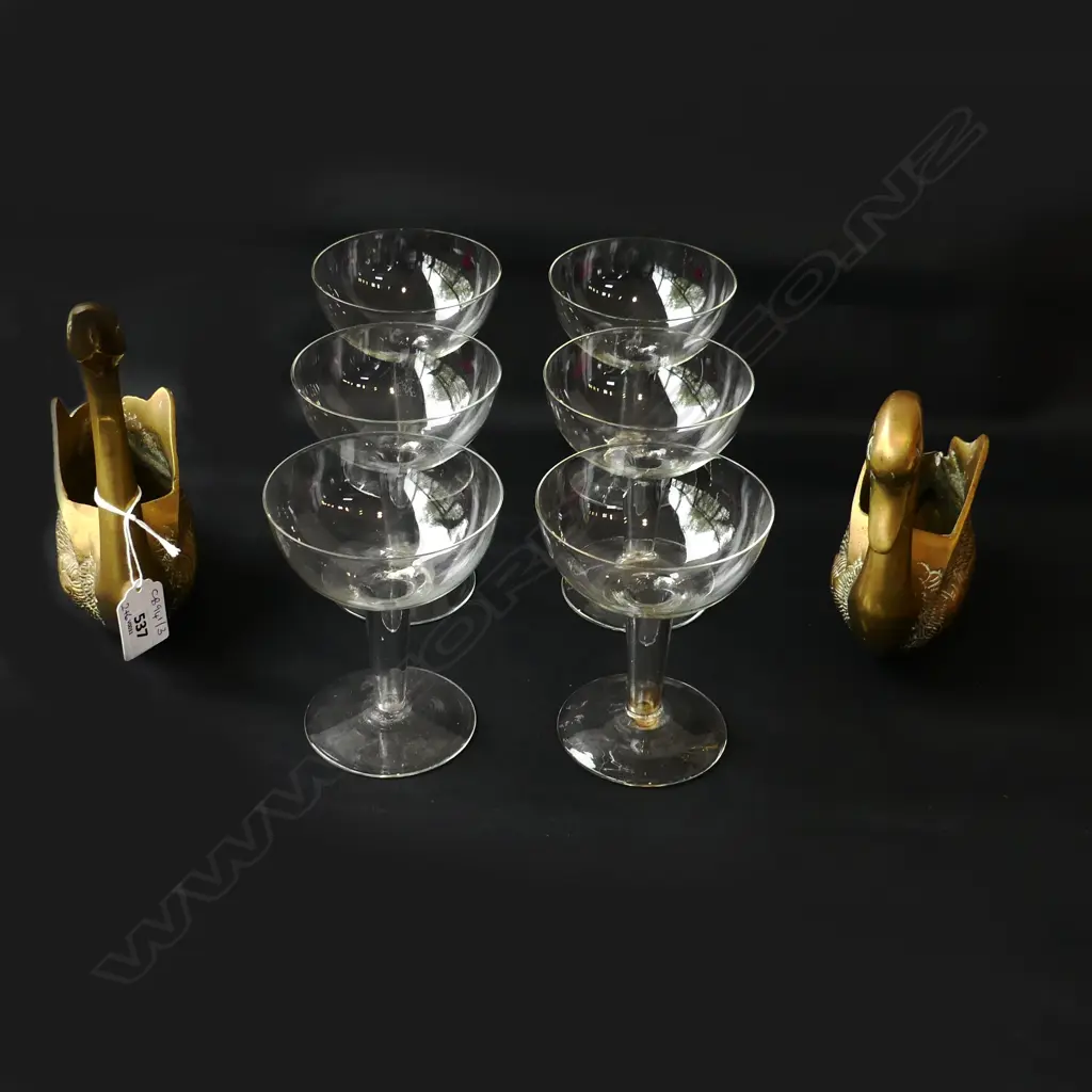 PR BRASS SWANS H.200mm + 6 HOLLOW STEM CHAMPAGNE GLASSES H.115mm Image 1++