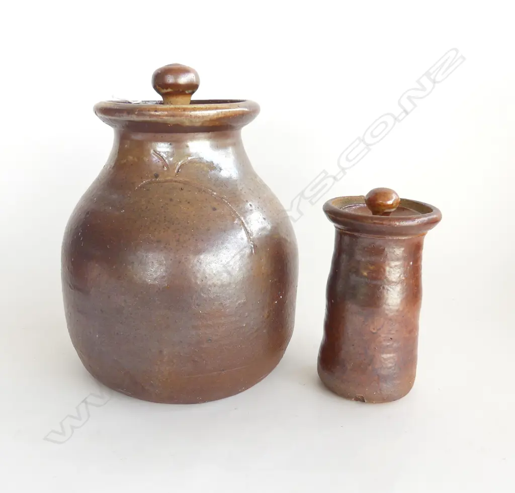 2 NZ STUDIO POTTERY LIDDED JARS 290mm TALLEST Image 1++