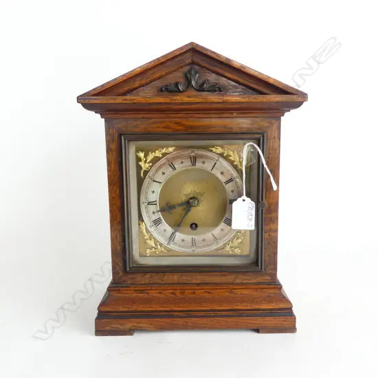 c1900 architectural OAK CASED MANTLE CLOCK  with pendulum & key