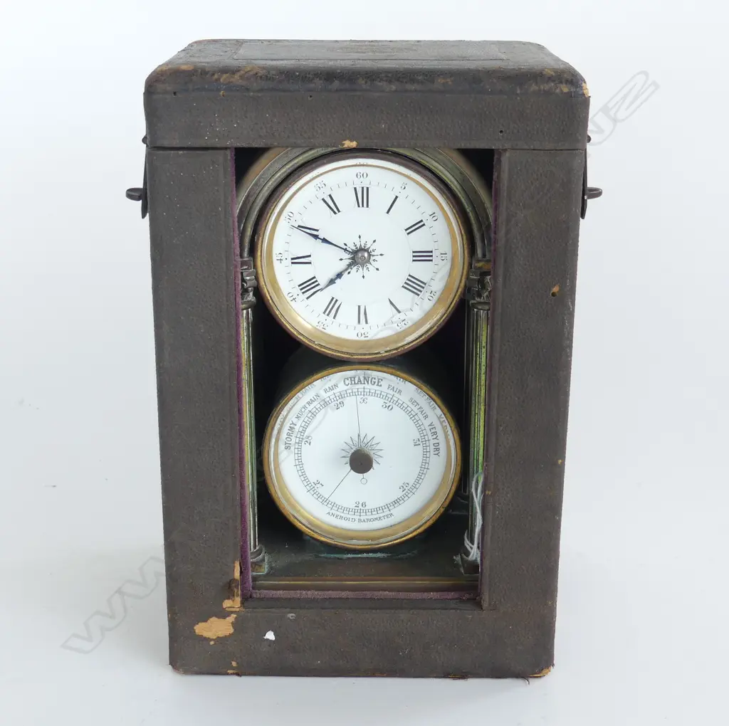 ANTIQUE FRENCH combination CARRIAGE CLOCK & BAROMETER H.185mm. IN ORIGINAL CASE Image 1++