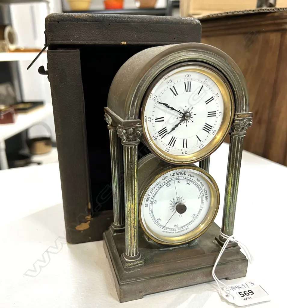 ANTIQUE FRENCH combination CARRIAGE CLOCK & BAROMETER H.185mm. IN ORIGINAL CASE Image 1++