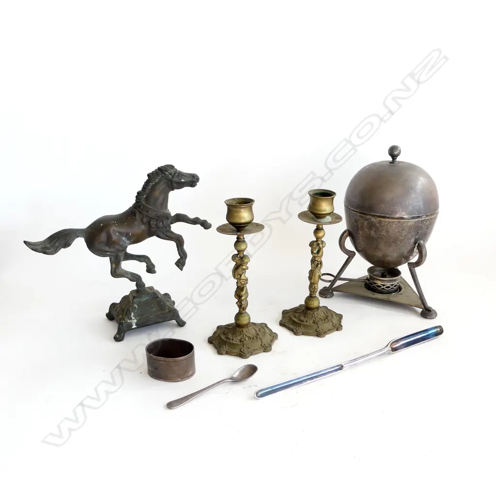 SILVER PLATE EGG CODLER, MARROW SPOON, PR BRASS PUTTI CANDLE STICKS H.150mm & BRONZE? STATUE HORSE H.180mm Image 1++