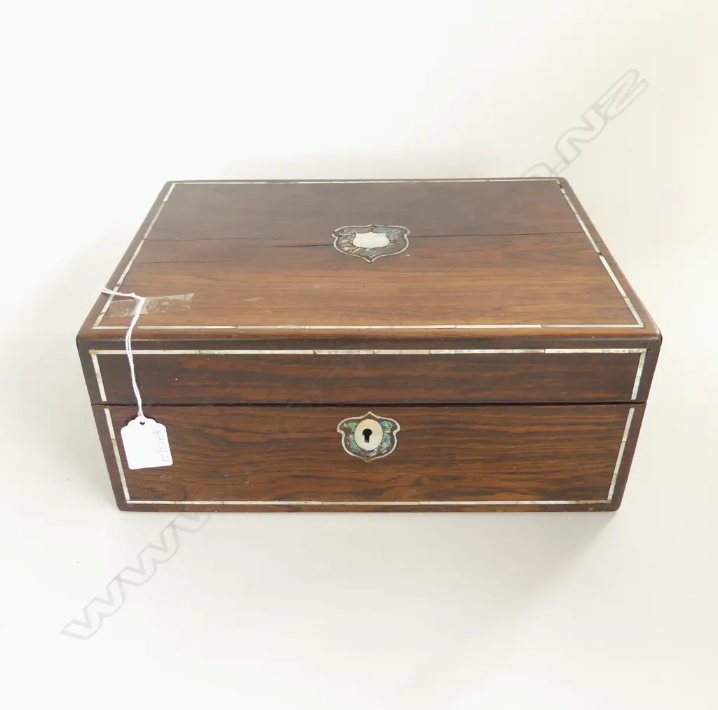 ANTIQUE MAHOGANY BOX w. MoP INLAY W.305mm Image 1++