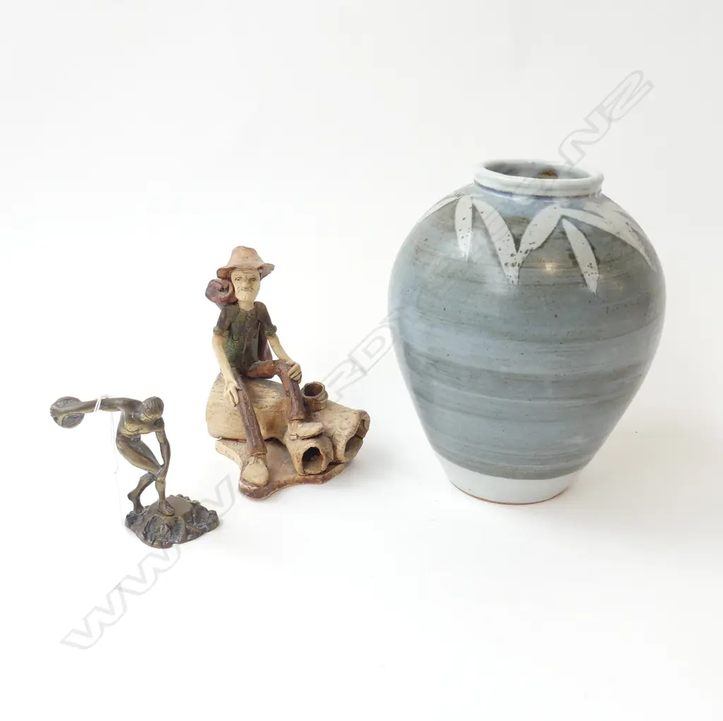 STUDIO POTTERY VASE H.230mm + 2 FIGURES; BRASS DISK THROWER, POTTERY MAN Image 1++