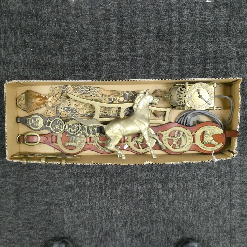VINTAGE BRASS ITEMS; PR HORSE MEDALLIONS ON LEATHER TACK, BOOT SCRAPER, CLOCK, HORSE &  INDONESIAN FIGURE MADE OF COINS Image 1++