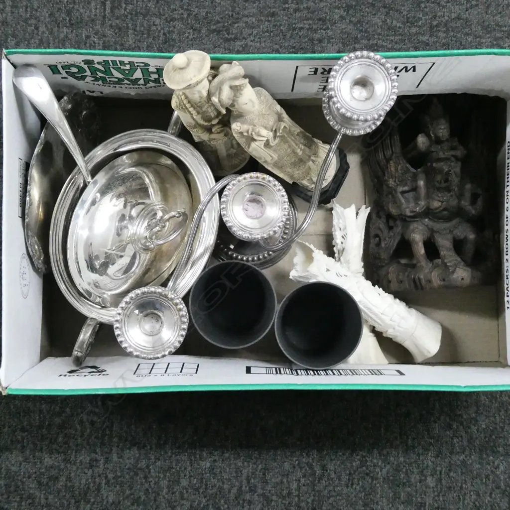 ASST. ITEMS; PR RESIN CHINESE FIGURES H.255mm, 3 INDONESIAN CARVINGS (2 BONE, 1 WOOD), 2 ORIENTAL CUPS H.135mm, EP Image 1++