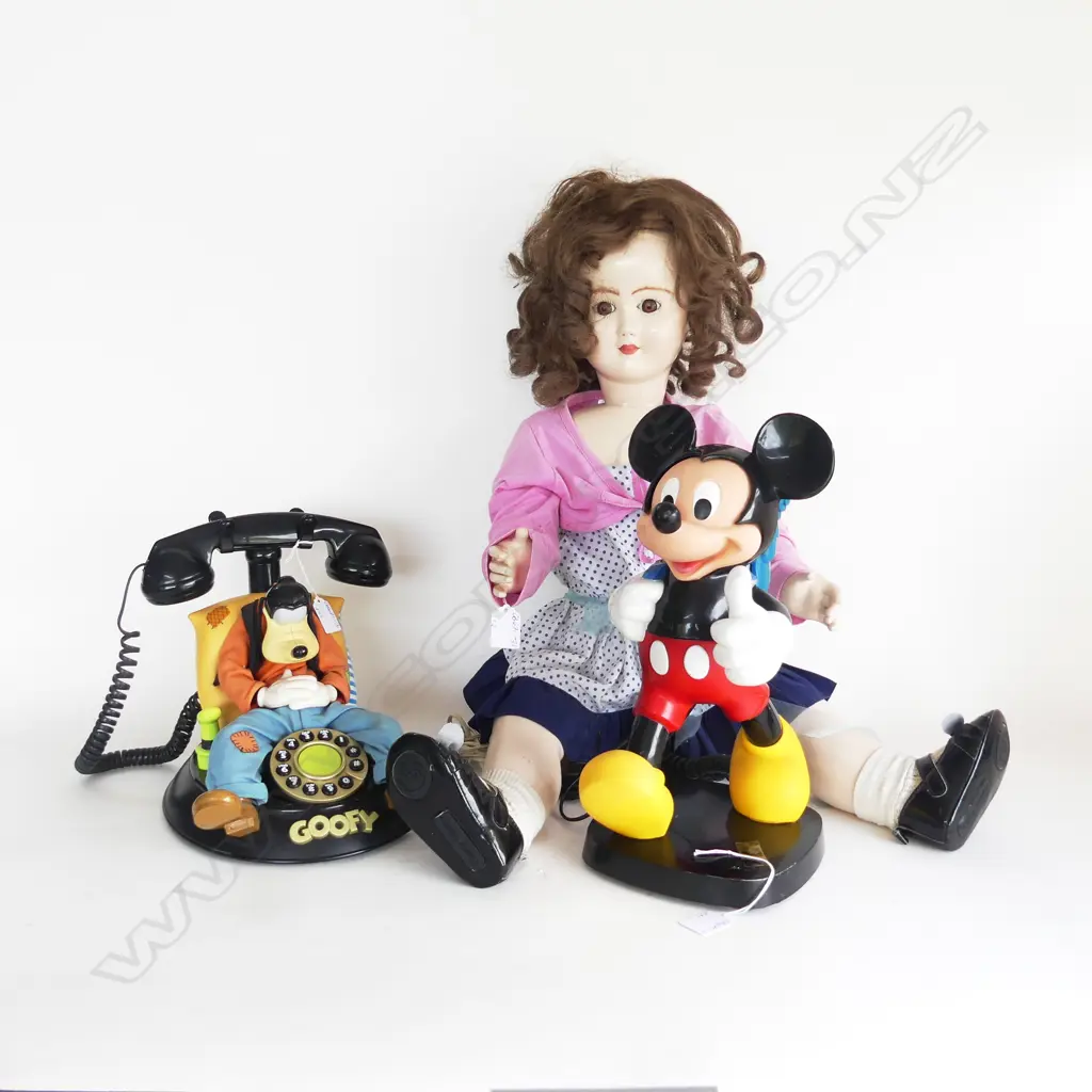 2 VINTAGE DISNEY TELEPHONES, MICKEY MOUSE H.350mm & GOOFY PHONE H.250mm & XTRA LRG VINTAGE CERAMIC DOLL H.760mm Image 1++