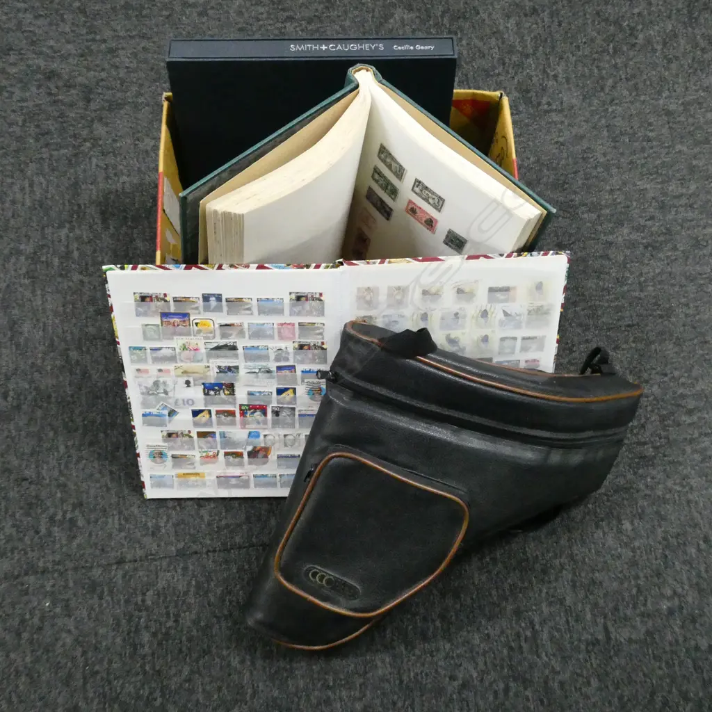 BOOKS, 2 STAMP ALBUMS & VINTAGE PAN PIPES IN LEATHER CARRY CASE Image 1++