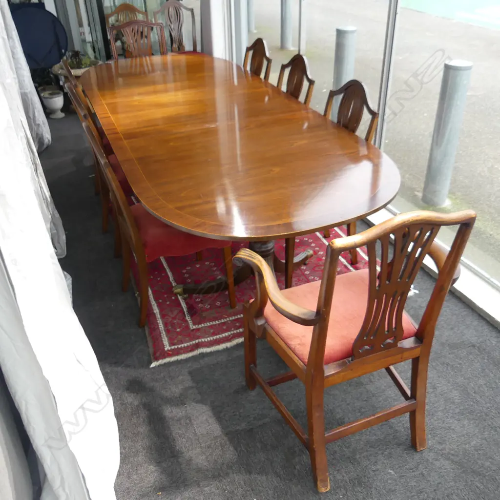 MAHOGANY D END DINING TABLE & 12 CHAIRS (2 CARVERS) 2740x1070x730mm Image 1++