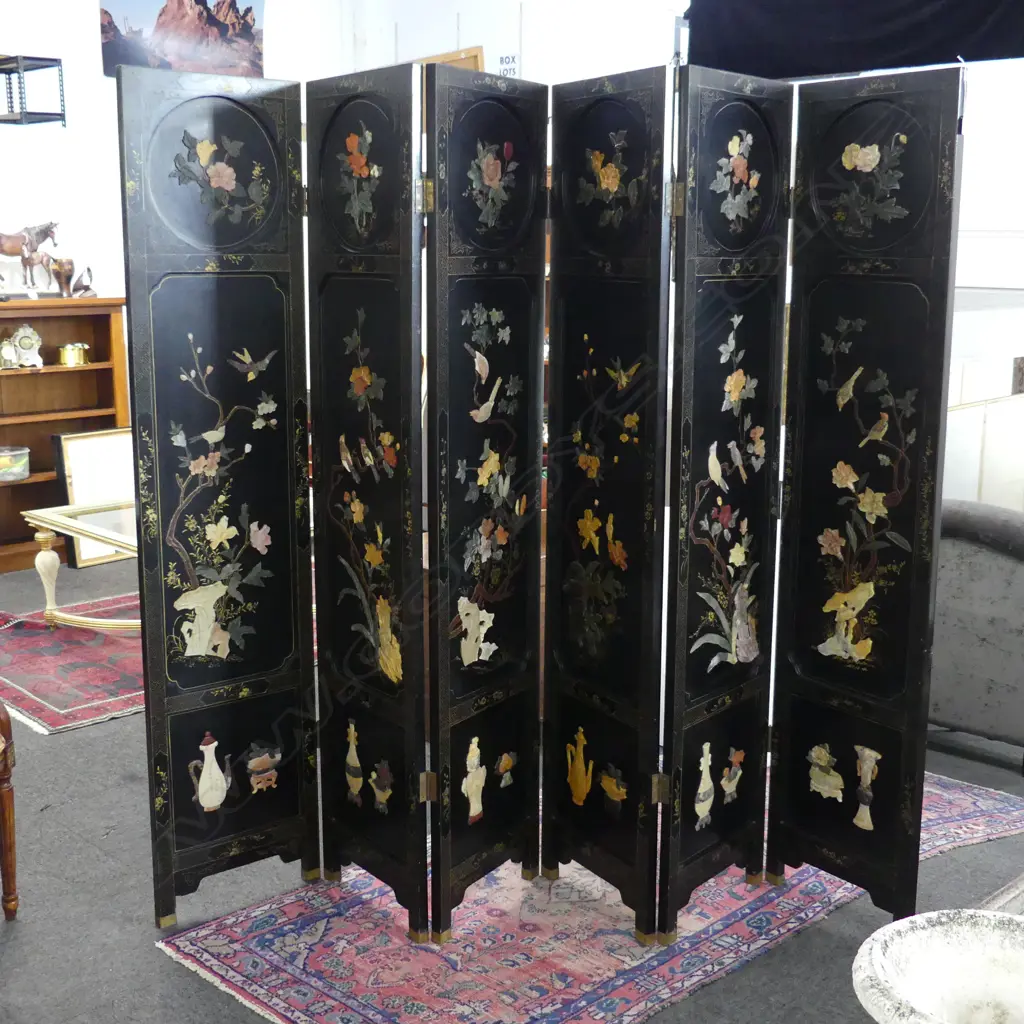 CHINESE 6 PANEL BLACK SCREEN / ROOM DIVIDE WITH STONE INLAY 1830x405mm Image 1++
