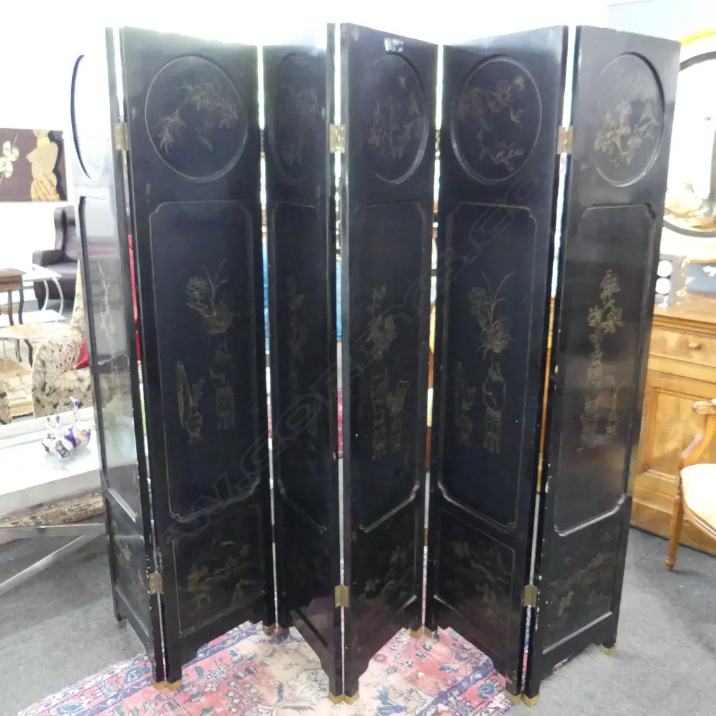 CHINESE 6 PANEL BLACK SCREEN / ROOM DIVIDE WITH STONE INLAY 1830x405mm Image 1++
