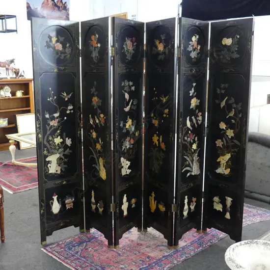 CHINESE 6 PANEL BLACK SCREEN / ROOM DIVIDE WITH STONE INLAY 1830x405mm