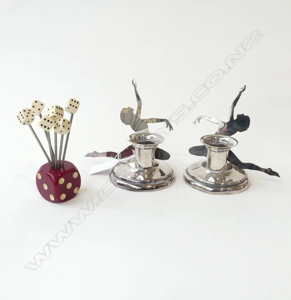 PR DECO EP CANDLE HOLDERS w. DANCER SILHOUETTE + DICE THEME COCKTAIL FORKS Image 1++