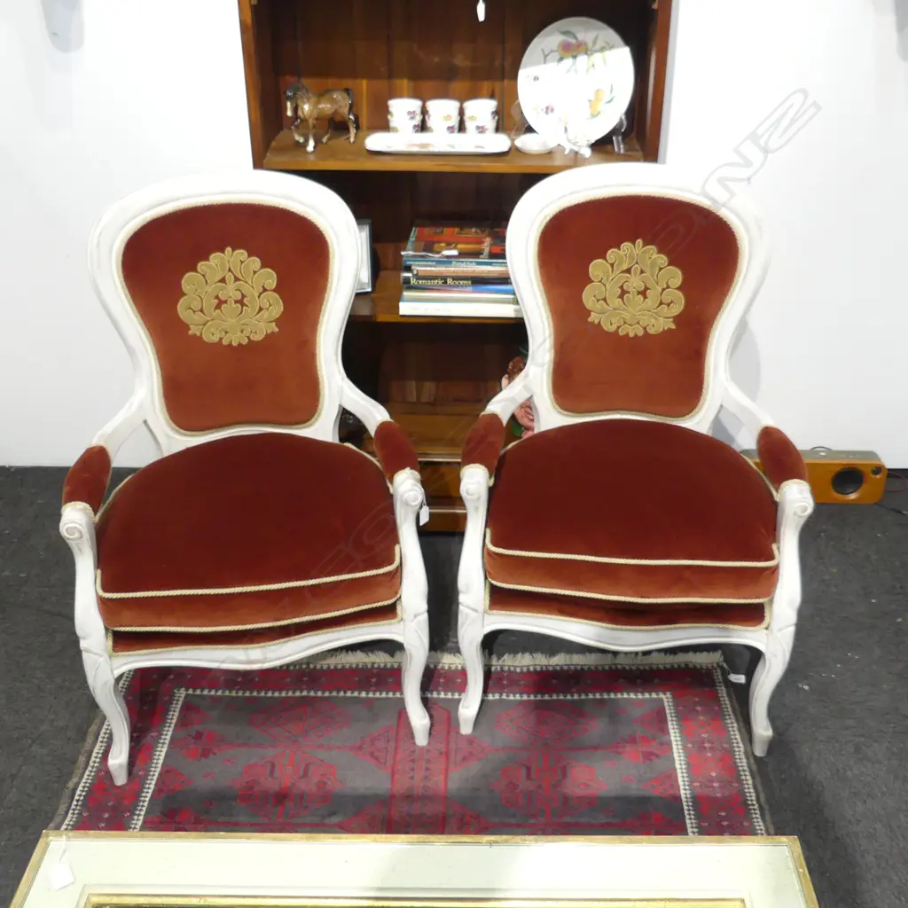 PR FRENCH STYLE CHAIRS; WHITE PAINTED FRAME, RED UPHOLSTERY Image 1++
