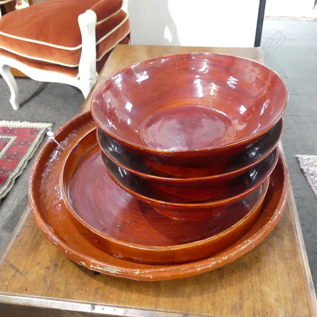 5 RED LACQUER DISHES 500mm dia Image 1++