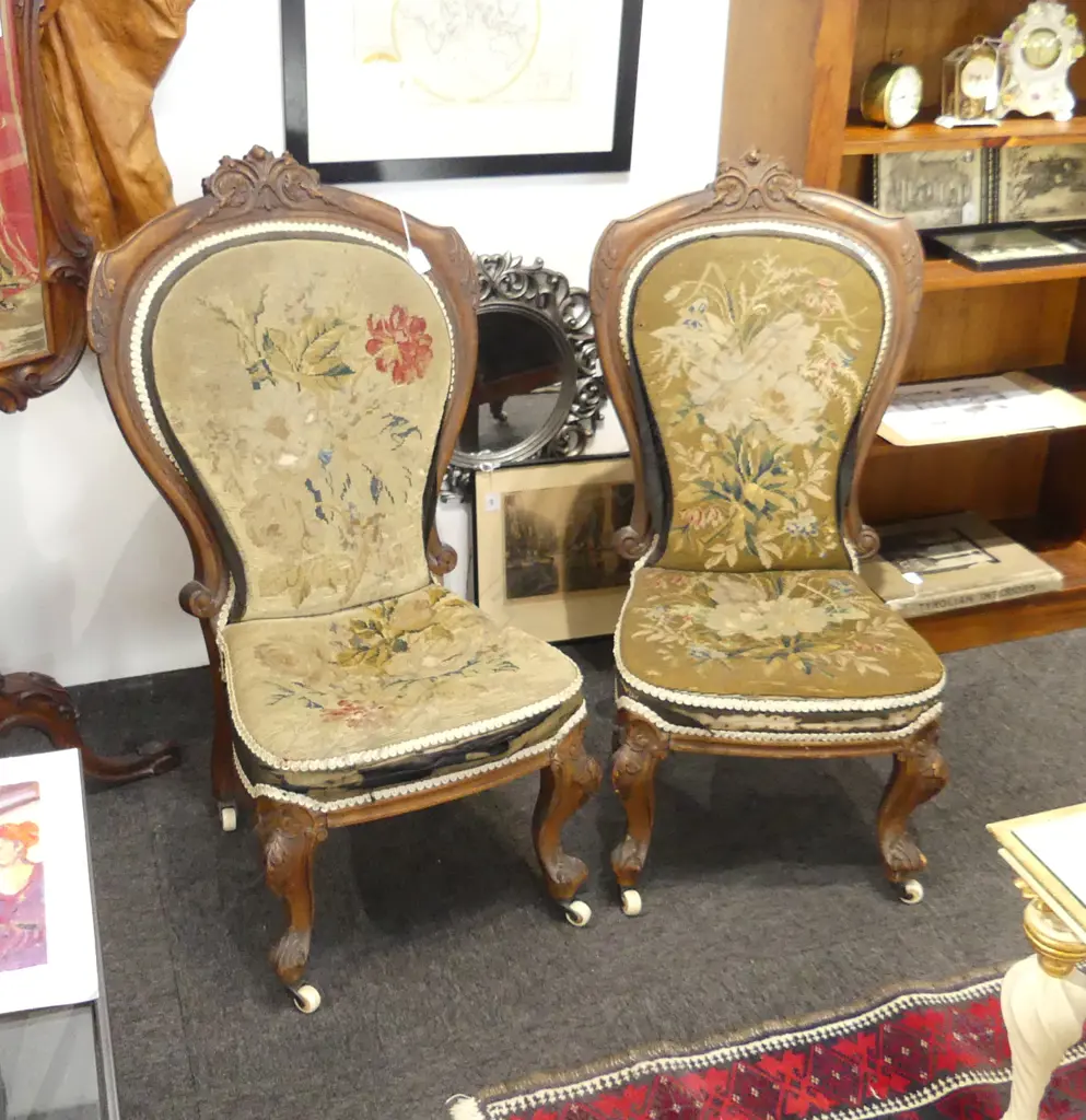 PAIR OFVICTORIAN GRANDMOTHER CHAIRS, NEEDLEWORK UPHOLSTERY (WORN) Image 1++