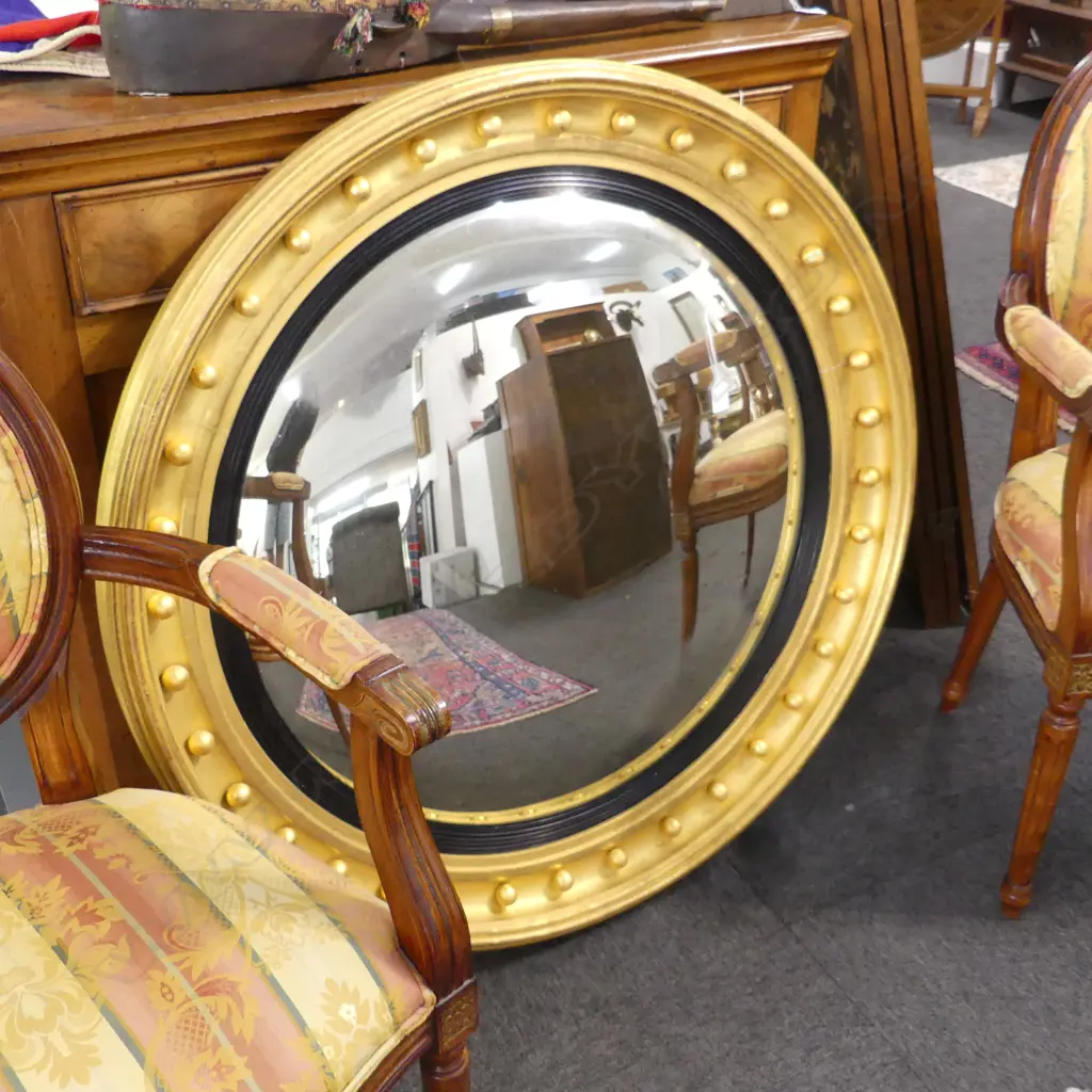 VERY LARGE CONTEMPORARY CONVEX MIRROR GENUINE GOLD LEAF 1000mm dia some cracks to frame Image 1++