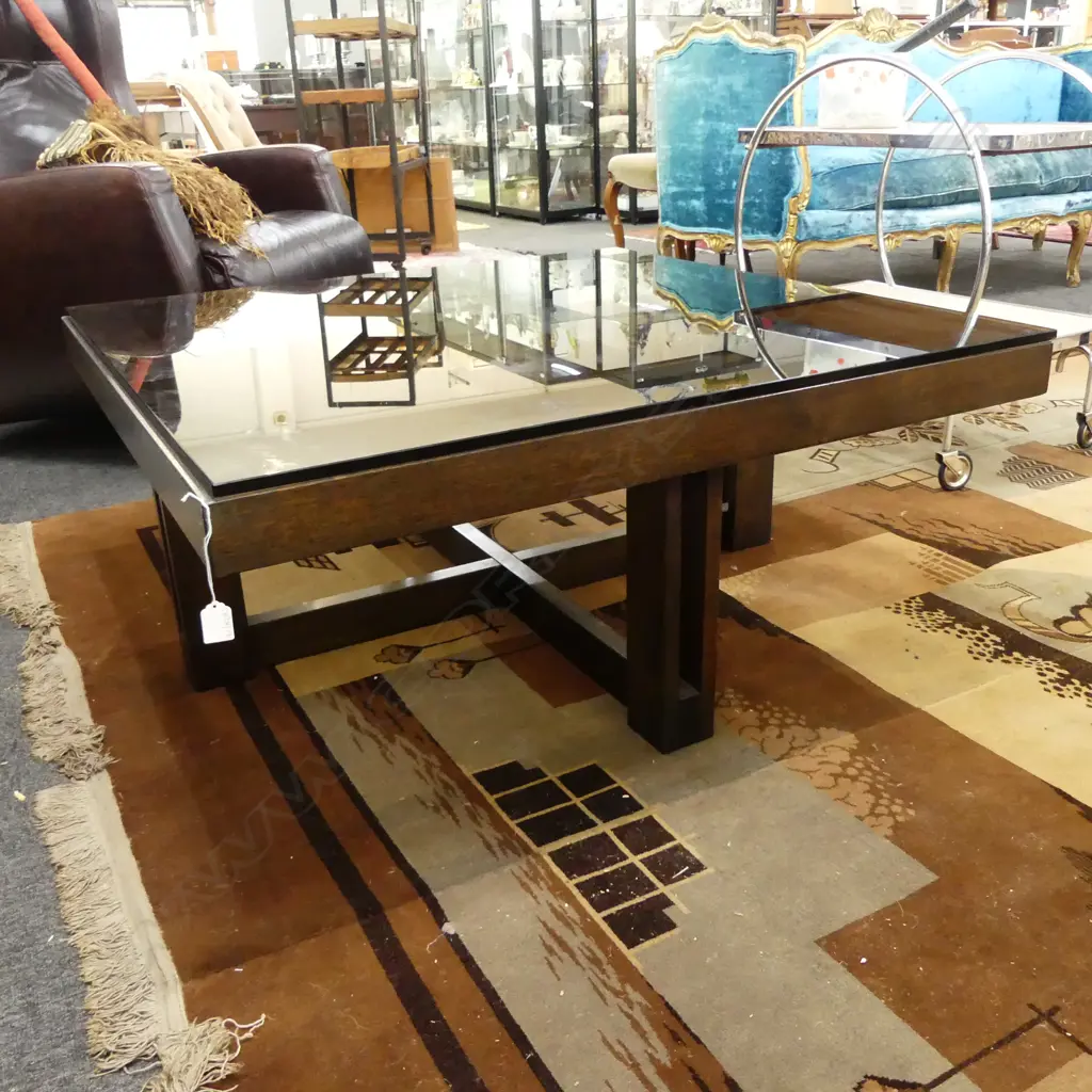 CONTEMPORARY WOODEN COFFEE TABLE, DARK GLASS TOP 1000x1000x425mm Image 1++