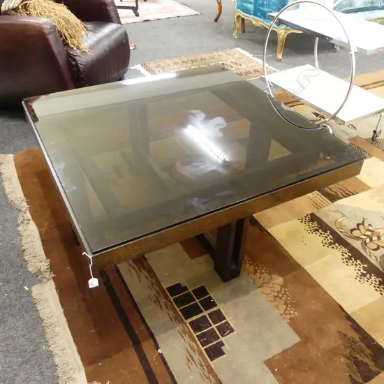 CONTEMPORARY WOODEN COFFEE TABLE, DARK GLASS TOP 1000x1000x425mm