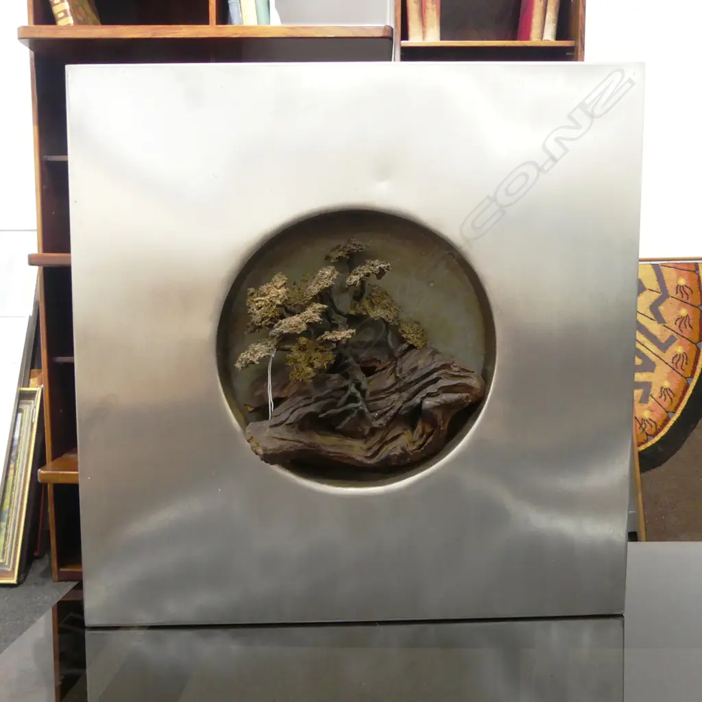 ORIENTAL CERAMIC BONSAI IN SILVER METAL FRAME 510x510mm ONE BRANCH BROKEN Image 1++