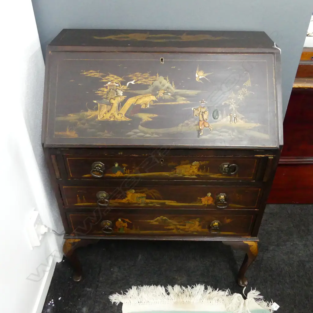 20thC DROP FRONT DESK, CHINOISERIE DECORATION 755x450x980mm 1 LEG AF Image 1++