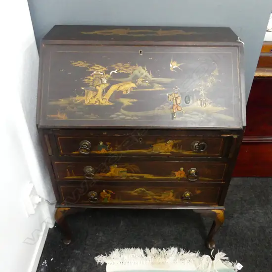 20thC DROP FRONT DESK, CHINOISERIE DECORATION 755x450x980mm 1 LEG AF