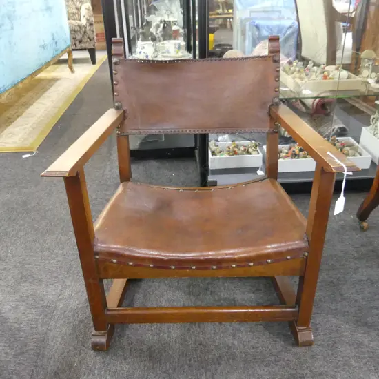 OAK & LEATHER FIRESIDE CHAIR AFTER AN ADOLF LOOS DESIGN H.665mm