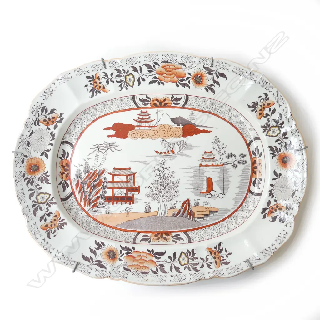 LG VICTORIAN MASONS WILLOW PATTERN STONEWARE ASHET, w WIRE HANGER, 490 x 390mm Image 1++