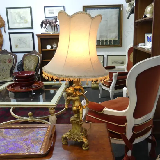 VINTAGE TABLE LAMP; GILT METAL CHERUB BASE H.760mm