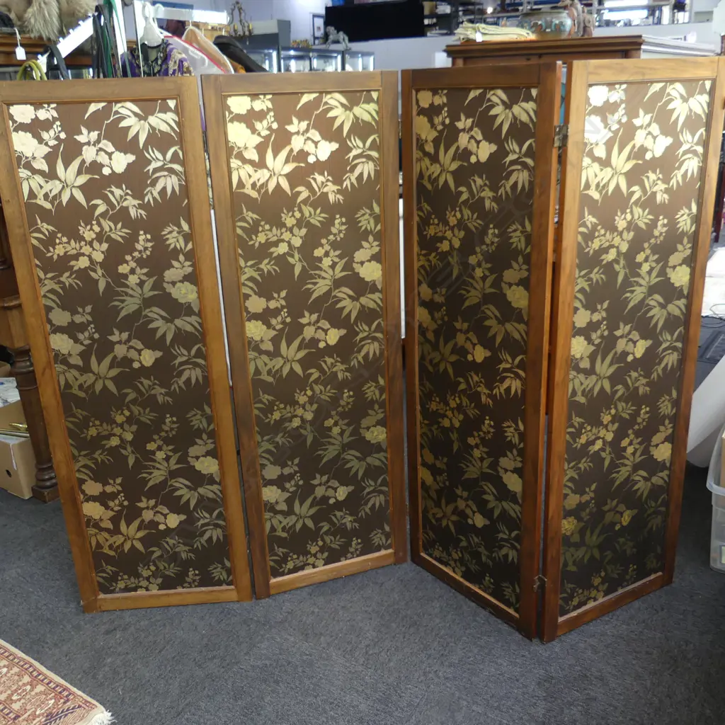 4 PANEL WOODEN SCREEN, GOLD FLORAL DESIGN 1520x510mm Image 1++